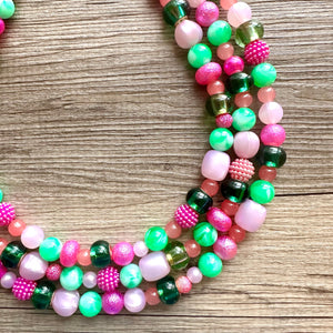 Watermelon popsicle OOAK chunky beaded statement necklace, neon pink mint lime raspberry necklace jewelry, beaded vacation necklace