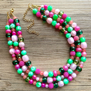 Watermelon popsicle OOAK chunky beaded statement necklace, neon pink mint lime raspberry necklace jewelry, beaded vacation necklace