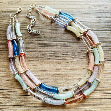 Summer Suncatcher Chunky Statement Necklace, pink purple blue beaded jewelry, Multi Strand Bib clear Resin Beaded necklace yellow tube