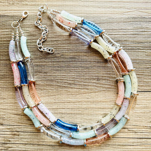 Summer Suncatcher Chunky Statement Necklace, pink purple blue beaded jewelry, Multi Strand Bib clear Resin Beaded necklace yellow tube
