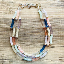 Load image into Gallery viewer, Summer Suncatcher Chunky Statement Necklace, pink purple blue beaded jewelry, Multi Strand Bib clear Resin Beaded necklace yellow tube