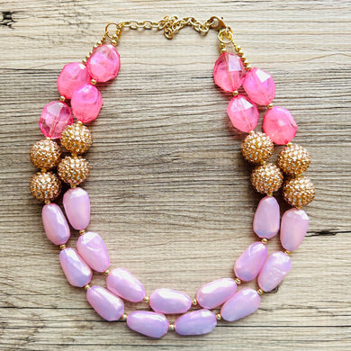 Blush Pink Necklace, multi strand jewelry, big beaded chunky statement necklace, gold jewelry, bridesmaid necklace, bib necklace
