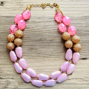 Blush Pink Necklace, multi strand jewelry, big beaded chunky statement necklace, gold jewelry, bridesmaid necklace, bib necklace