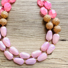 Load image into Gallery viewer, Blush Pink Necklace, multi strand jewelry, big beaded chunky statement necklace, gold jewelry, bridesmaid necklace, bib necklace