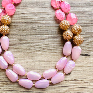 Blush Pink Necklace, multi strand jewelry, big beaded chunky statement necklace, gold jewelry, bridesmaid necklace, bib necklace