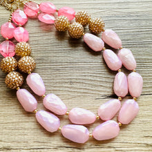 Load image into Gallery viewer, Blush Pink Necklace, multi strand jewelry, big beaded chunky statement necklace, gold jewelry, bridesmaid necklace, bib necklace