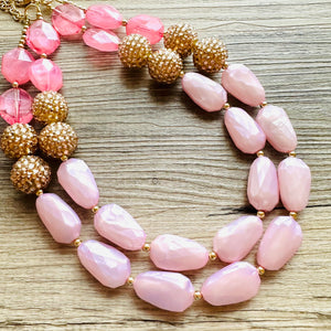Blush Pink Necklace, multi strand jewelry, big beaded chunky statement necklace, gold jewelry, bridesmaid necklace, bib necklace