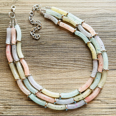Summer Lemonade Chunky Statement Necklace, pink purple blue beaded jewelry, Multi Strand Bib clear Resin Beaded necklace yellow tube