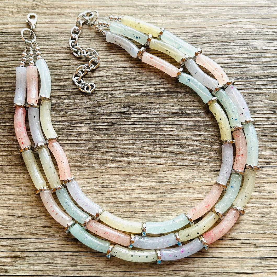 Summer Lemonade Chunky Statement Necklace, pink purple blue beaded jewelry, Multi Strand Bib clear Resin Beaded necklace yellow tube