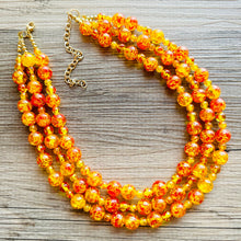 Load image into Gallery viewer, Fire Island Marigold Chunky Statement Necklace, Big beaded jewelry, multi Strand Statement Necklace, Bib necklace, yellow red orange