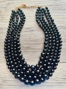 Black Graduated Necklace, 5 strand jewelry, round beaded chunky statement necklace, black necklace, black Pearl jewelry, formal drop long