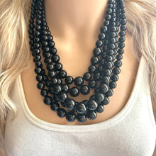 Load image into Gallery viewer, Black Graduated Necklace, 5 strand jewelry, round beaded chunky statement necklace, black necklace, black Pearl jewelry, formal drop long