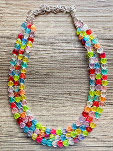 Rainbow Heart Statement Necklace, Chunky triple Strand Jewelry, Valentines Day jewelry, chunky neon bib beaded necklace colorful