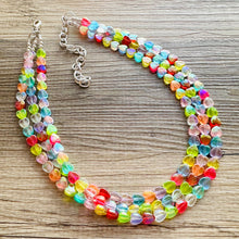 Load image into Gallery viewer, Rainbow Heart Statement Necklace, Chunky triple Strand Jewelry, Valentines Day jewelry, chunky neon bib beaded necklace colorful