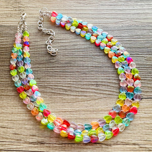Rainbow Heart Statement Necklace, Chunky triple Strand Jewelry, Valentines Day jewelry, chunky neon bib beaded necklace colorful