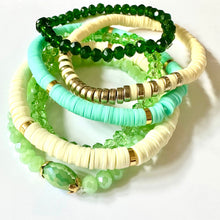 Load image into Gallery viewer, Cabana Candy Statement bracelets, chunky bold bamboo bracelet, gold colorful beaded jewelry, chunky geometric green neutral mint emerald