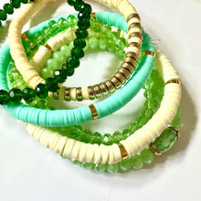 Load image into Gallery viewer, Cabana Candy Statement bracelets, chunky bold bamboo bracelet, gold colorful beaded jewelry, chunky geometric green neutral mint emerald