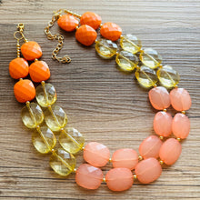 Load image into Gallery viewer, Last Summer Sunset Yellow Orange Coral Pink Chunky Statement Necklace, Big beaded jewelry, multi strand yellow jewelry earrings