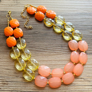 Last Summer Sunset Yellow Orange Coral Pink Chunky Statement Necklace, Big beaded jewelry, multi strand yellow jewelry earrings