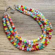 Load image into Gallery viewer, Rainbow Heart Statement Necklace, Chunky triple Strand Jewelry, Valentines Day jewelry, chunky neon bib beaded necklace colorful