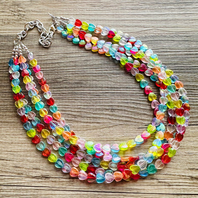 Rainbow Heart Statement Necklace, Chunky triple Strand Jewelry, Valentines Day jewelry, chunky neon bib beaded necklace colorful