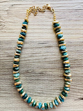 Load image into Gallery viewer, Natural Hawks Eye Emerald Chunky Statement Necklace, layering gem jewelry beaded gold single strand beaded, OOAK green gold gemstone