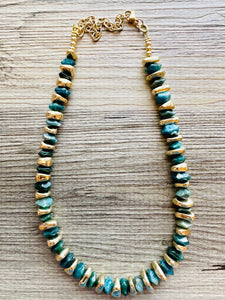 Natural Hawks Eye Emerald Chunky Statement Necklace, layering gem jewelry beaded gold single strand beaded, OOAK green gold gemstone