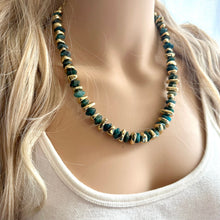 Load image into Gallery viewer, Natural Hawks Eye Emerald Chunky Statement Necklace, layering gem jewelry beaded gold single strand beaded, OOAK green gold gemstone