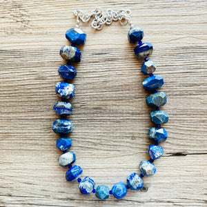 Natural Lapis Lazuli Beaded 1 strand Statement Necklace, Chunky Bib Single Jewelry stone jewelry, gemstone layering dark blue navy