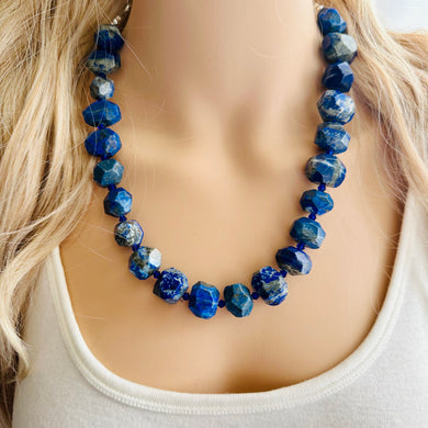 Natural Lapis Lazuli Beaded 1 strand Statement Necklace, Chunky Bib Single Jewelry stone jewelry, gemstone layering dark blue navy