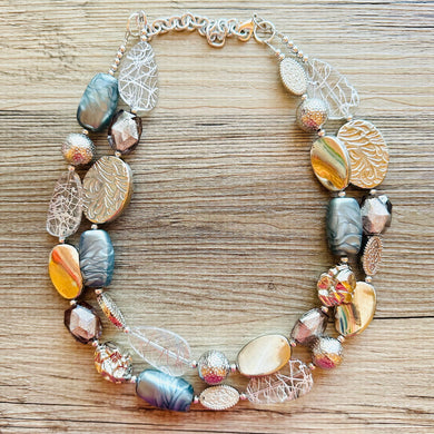 Metallic Gray Vacation Necklace, 2 Strand Statement Jewelry, Chunky bib bridesmaid everyday bubble beaded, mirror silver