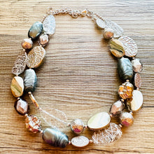 Load image into Gallery viewer, Metallic Gray Vacation Necklace, 2 Strand Statement Jewelry, Chunky bib bridesmaid everyday bubble beaded, mirror silver