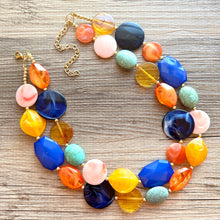 Load image into Gallery viewer, French Pastel chunky necklace, Wanderlust Collection beaded jewelry, resin beaded blue necklace, turquoise coral peach orange yellow necklac