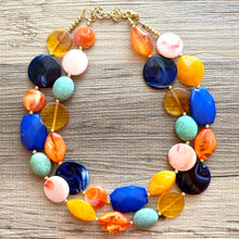 Load image into Gallery viewer, French Pastel chunky necklace, Wanderlust Collection beaded jewelry, resin beaded blue necklace, turquoise coral peach orange yellow necklac
