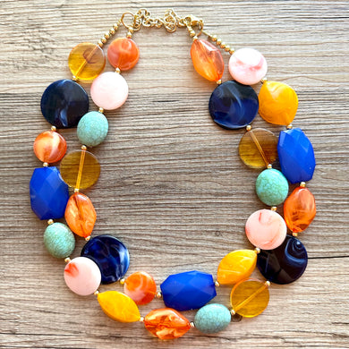 French Pastel chunky necklace, Wanderlust Collection beaded jewelry, resin beaded blue necklace, turquoise coral peach orange yellow necklac