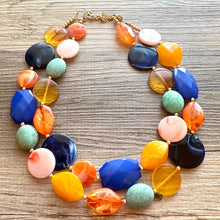 Load image into Gallery viewer, French Pastel chunky necklace, Wanderlust Collection beaded jewelry, resin beaded blue necklace, turquoise coral peach orange yellow necklac