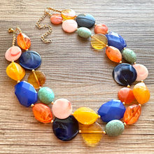 Load image into Gallery viewer, French Pastel chunky necklace, Wanderlust Collection beaded jewelry, resin beaded blue necklace, turquoise coral peach orange yellow necklac