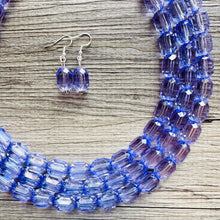 Load image into Gallery viewer, Purple Lavender Chunky Statement Necklace, Big beaded jewelry, 3 Strand Statement Necklace, Bib necklace, transparent wedding
