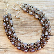 Load image into Gallery viewer, Deep Gray Chunky Statement Necklace, Big beaded jewelry, Gray 3 Strand Statement Necklace, Bib necklace winter resin cream gunmetal