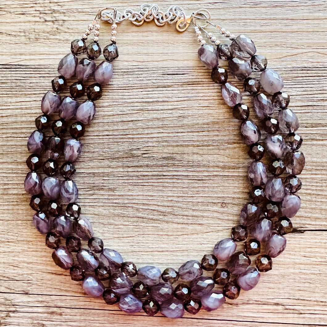 Deep Gray Chunky Statement Necklace, Big beaded jewelry, Gray 3 Strand Statement Necklace, Bib necklace winter resin cream gunmetal