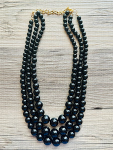 Black Graduated Necklace, 3 strand jewelry, round beaded chunky statement necklace, black necklace, black Pearl jewelry, formal drop long