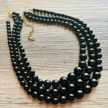 Load image into Gallery viewer, Black Graduated Necklace, 3 strand jewelry, round beaded chunky statement necklace, black necklace, black Pearl jewelry, formal drop long