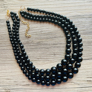 Black Graduated Necklace, 3 strand jewelry, round beaded chunky statement necklace, black necklace, black Pearl jewelry, formal drop long