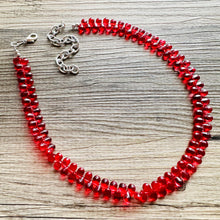 Load image into Gallery viewer, Pomegranate Seed Beaded statement necklace, extra chunky geometric bead red jewelry, glass long necklace jewelry, red jewelry set flutter