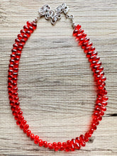 Load image into Gallery viewer, Pomegranate Seed Beaded statement necklace, extra chunky geometric bead red jewelry, glass long necklace jewelry, red jewelry set flutter