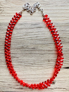 Pomegranate Seed Beaded statement necklace, extra chunky geometric bead red jewelry, glass long necklace jewelry, red jewelry set flutter