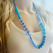 Load image into Gallery viewer, Shades of Blue Long Statement Necklace, long silver necklace, beaded long necklace, periwinkle turquoise royal aqua statement jewelry