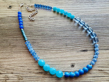 Load image into Gallery viewer, Shades of Blue Long Statement Necklace, long silver necklace, beaded long necklace, periwinkle turquoise royal aqua statement jewelry