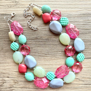 Pink & Green Boulevard double strand OOAK statement Necklace, Pink Gray Beaded Necklace, summer silver jewelry mint green