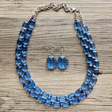 Load image into Gallery viewer, Blue Jean Baby Blue Statement Necklace, chunky bib beaded jewelry, Periwinkle royal blue necklace, dark blue beaded acrylic gray silver aqua